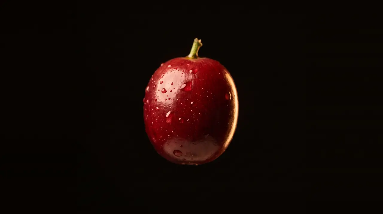 Cereza de café roja y brillante sobre fondo negro