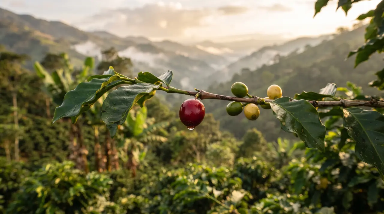 Rama de cafeto con una cereza roja madura y montañas con niebla al fondo