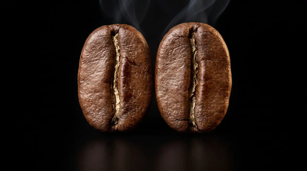 Dos granos de café tostado con hilos de humo