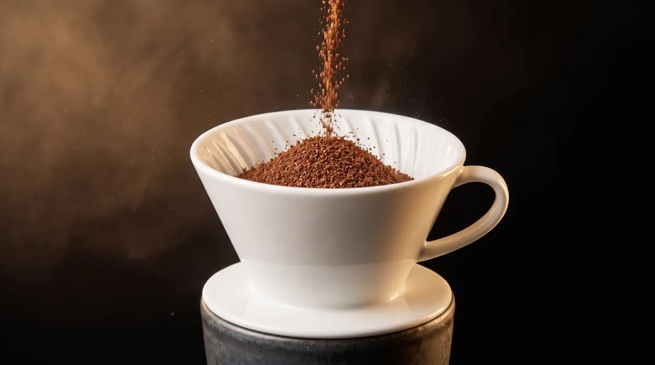 Gotero cónico blanco con café molido sobre una taza de cerámica oscura