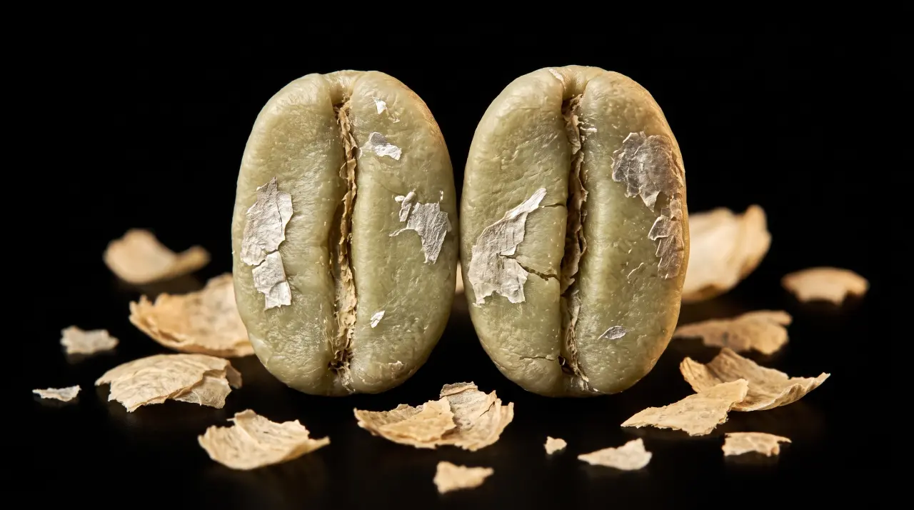 Dos granos de café verde con restos de pergamino
